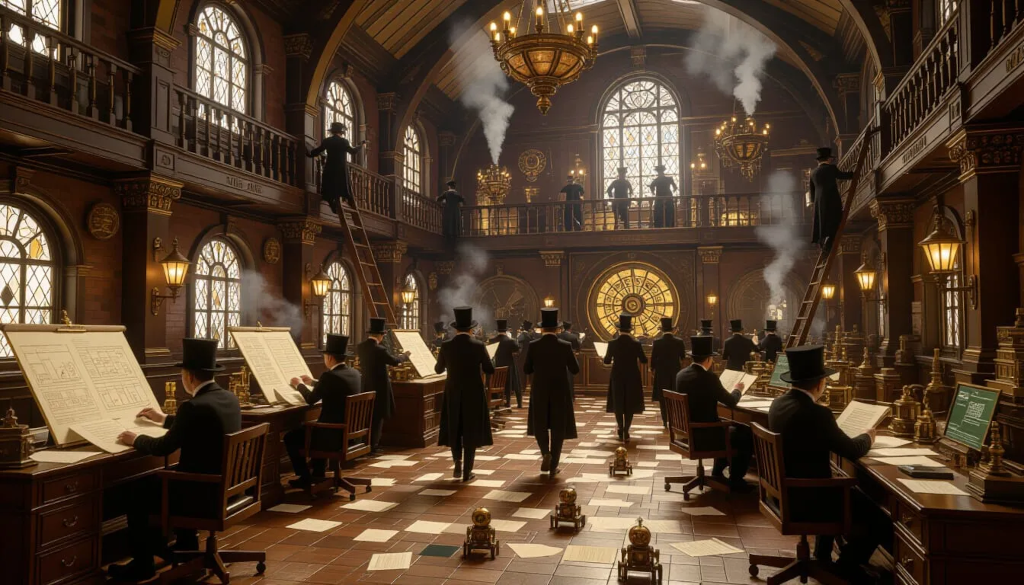 A crowded Ankh Morpork-style guild hall, investors in top hats and waistcoats cheer wildly while clutching ledgers and quills. Analysts scramble across the floor, scribbling frantic charts on giant scrolls, some on ladders.