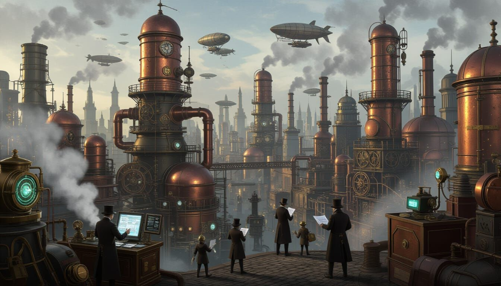 A chaotic Ankh Morpork, choked with smoke, gears, pipes, and copper-clad towers. Foreground: eccentric scientists and engineers frantically operate AI machines, model pipelines, and glowing data cores. Steam vents, spinning cogs, and brass machinery abound.