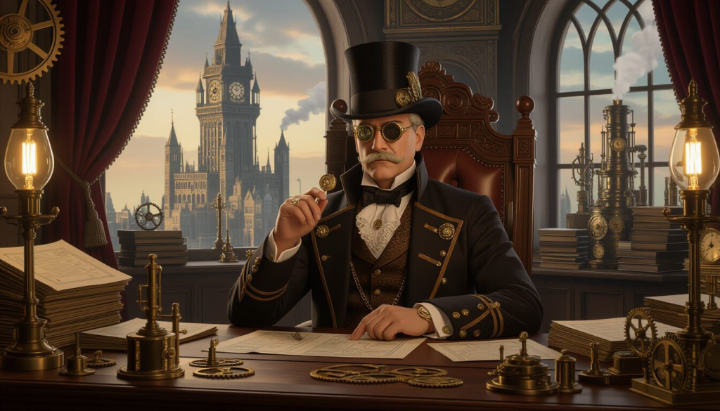 `The Patrician of Ankh Morpork, seated at a grand wooden desk cluttered with brass gears, cog-driven calculators, and arcane mechanical devices.
