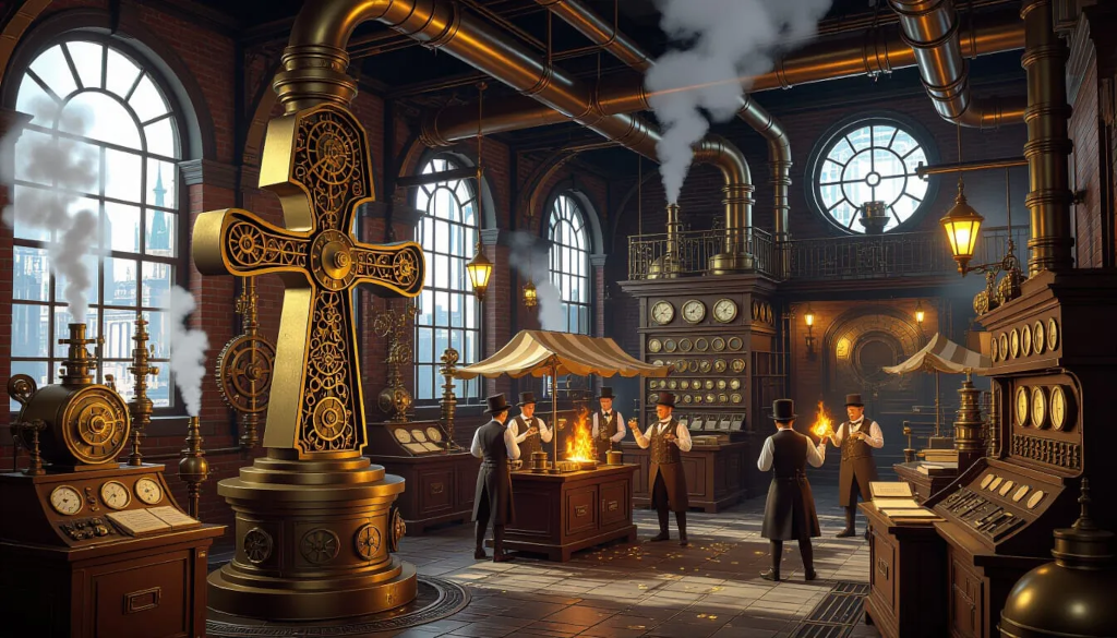 A whimsical steampunk Ankh Morpork-style quantum lab, cluttered with brass machinery, spinning gears, and steaming pipes. Tiny qubits float and flicker like tipsy apprentices, emitting faint glows.