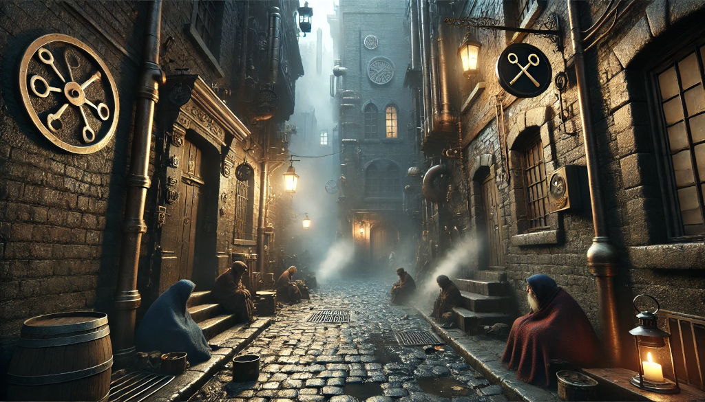 Ankh-Morpork street scene, crooked medieval buildings with added brass pipes and steam vents, multiple elaborate guild signs hanging overhead