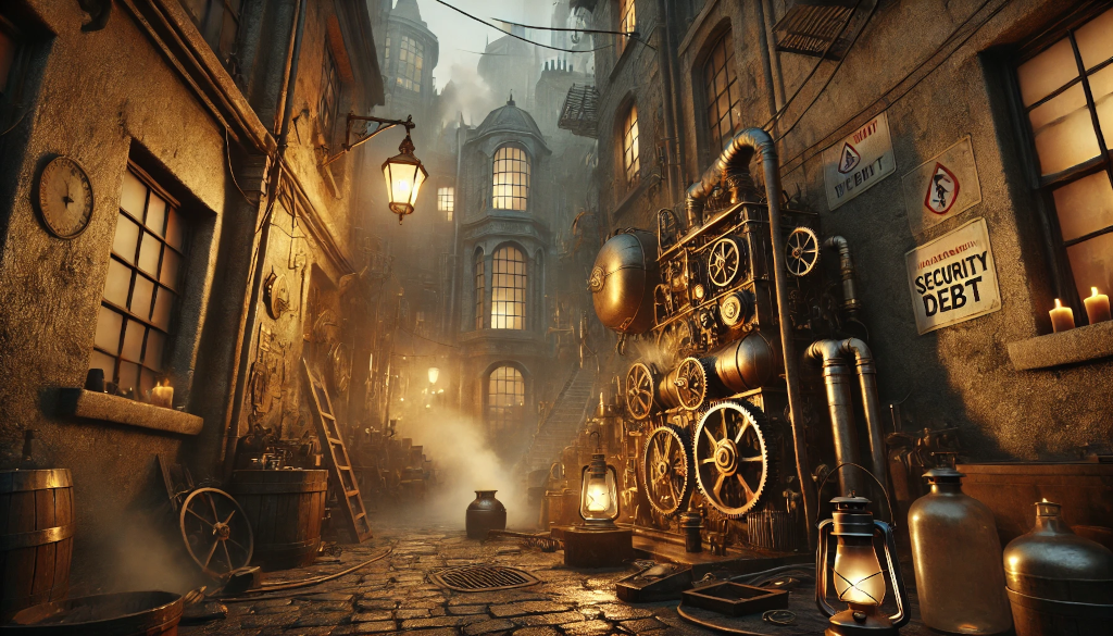 A gritty Ankh-Morpork street workshop showing “security debt”: a ramshackle steam-and-brass contraption patched together with mismatched gears, leaking valves, and desperate quick fixes. Sooty alley walls, flickering lanterns, and a whiff of alchemical smoke.